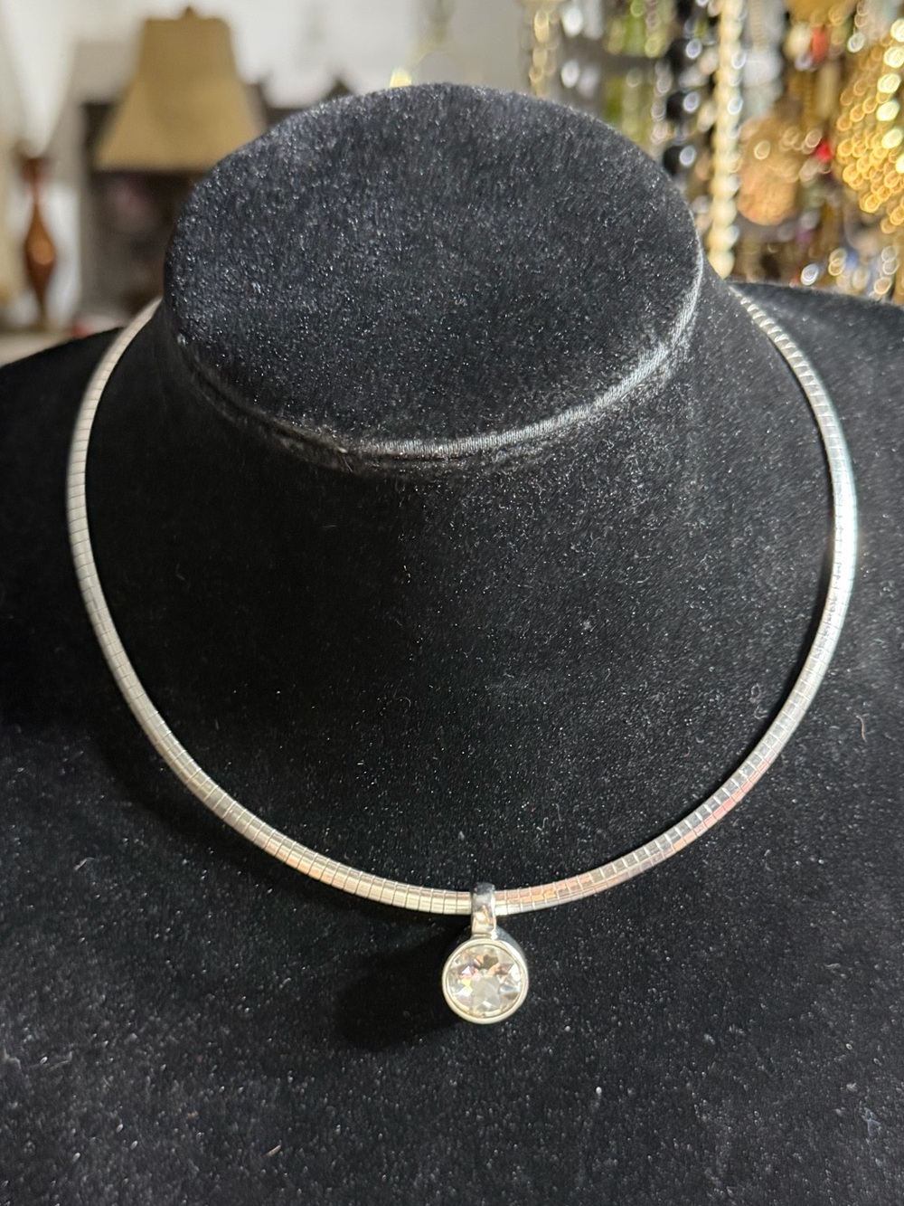 Vintage Silver Tone Crystal Pendant Hinge Collar Necklace